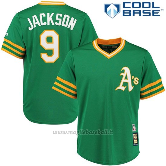 Maglia Baseball Uomo Oakland Athletics 9 Reggie Jackson Verdealterno Cooperstown Collezione Giocatore Cool Base
